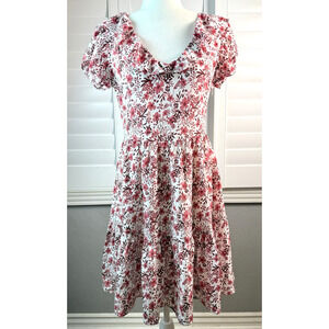 Amour Vert Women's Cottagecore Mini Dress Silk Crimson & White Floral Sm